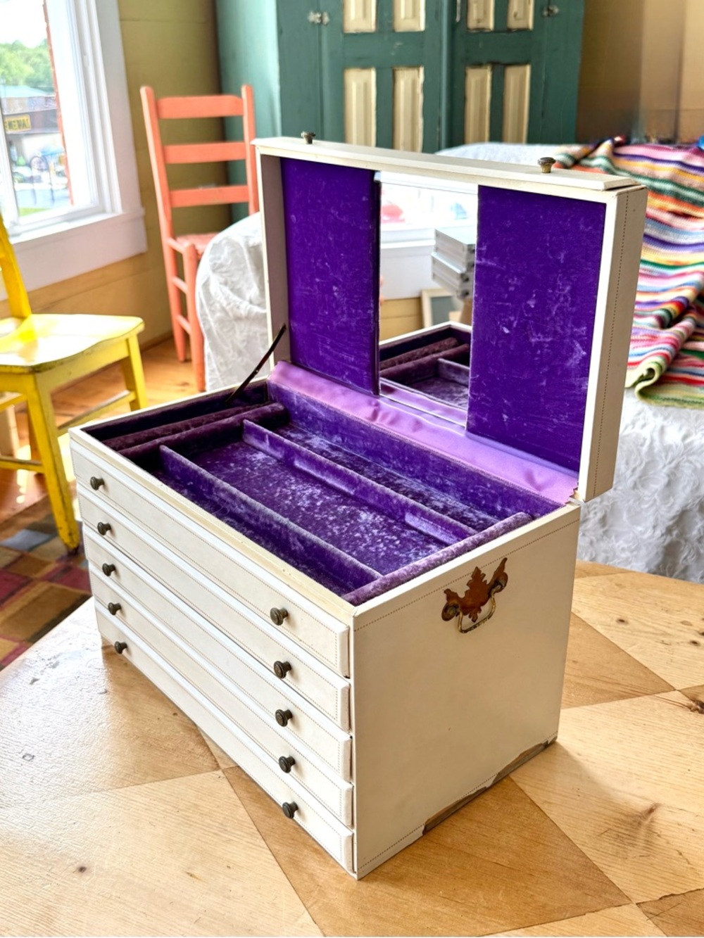 Vintage Large Jewelry Box Chest with Purple Velvet Interior